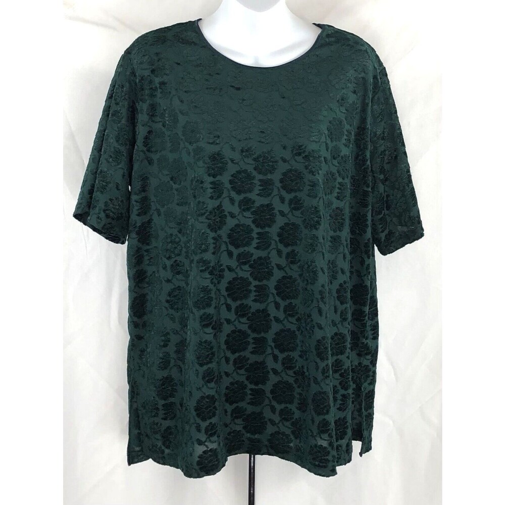 Vintage Kathy Lee top 14/16W green floral Velour short sleeve Whimsigoth Fairy
